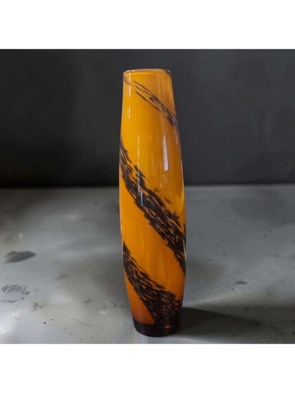 MCM Murano Style 12" Cased Art Glass Tiger Stripe Bullet Vase Yellow Amber Black